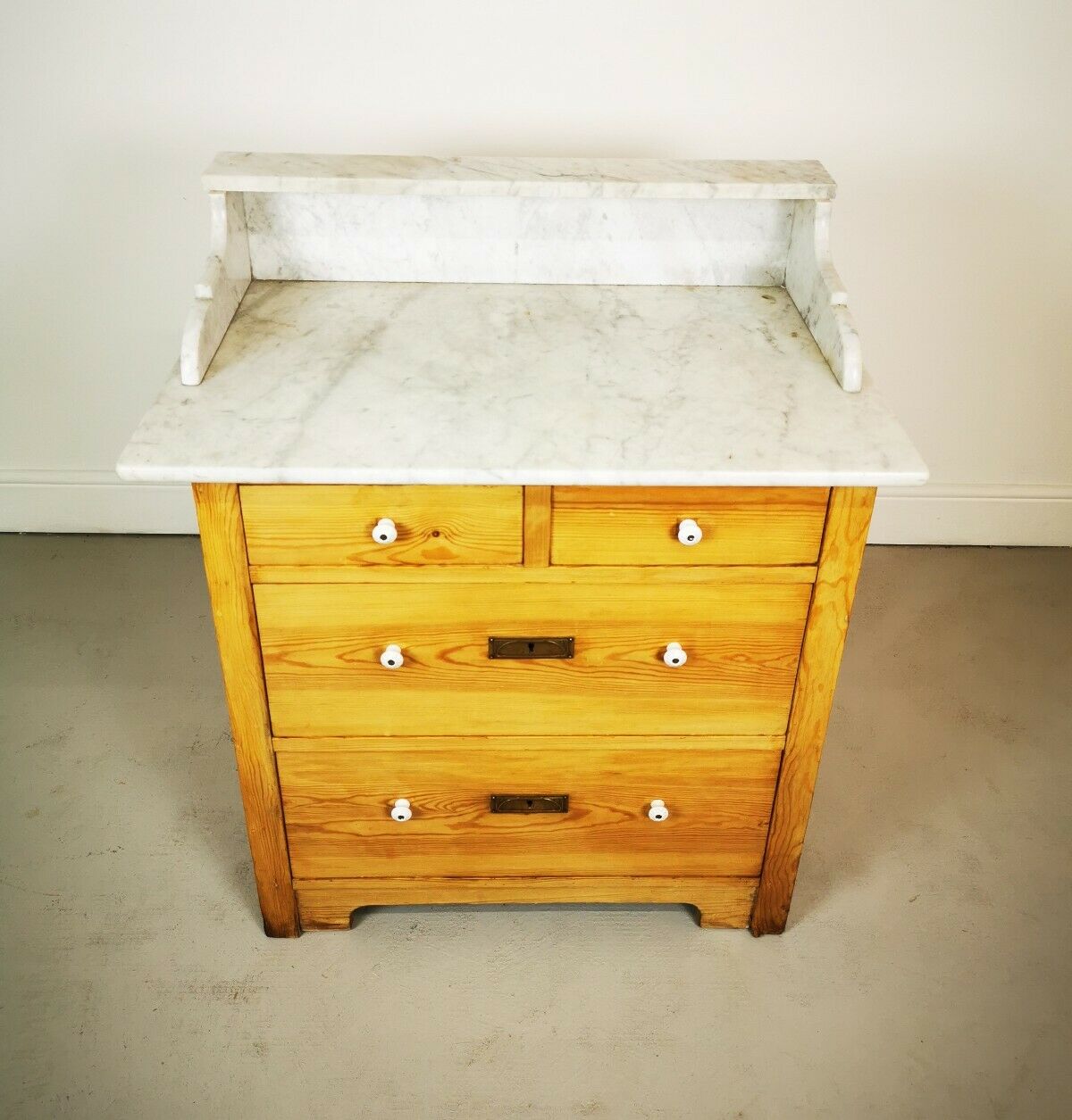 Victorian Antique Marble Top Pine Wash Stand Cupboard, Chest Of Drawers, Sink