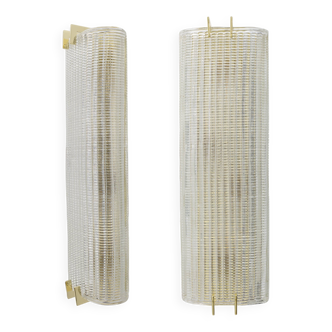 Pair of Modern Italian Brass and Murano Glass Textured Wall Sconces