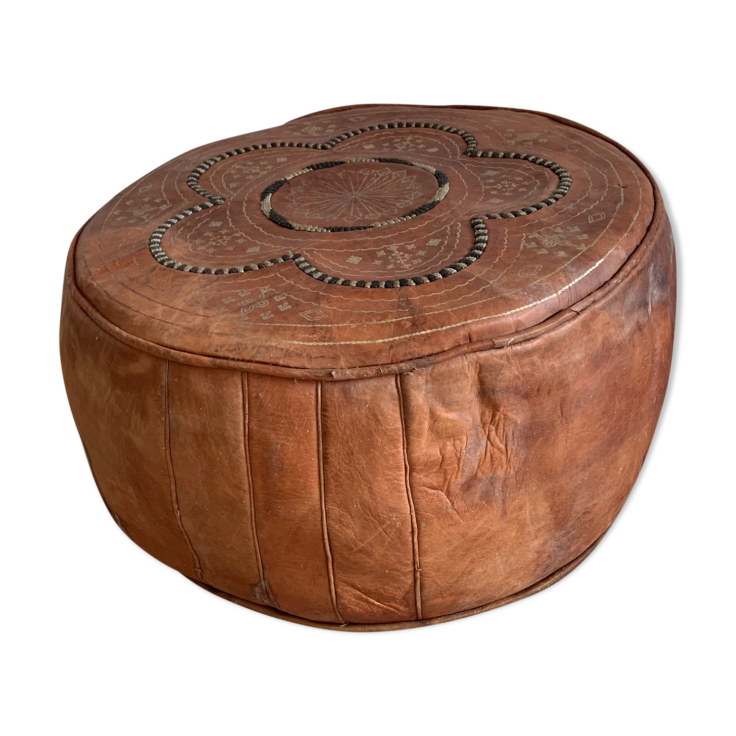 Vintage Moroccan leather pouf