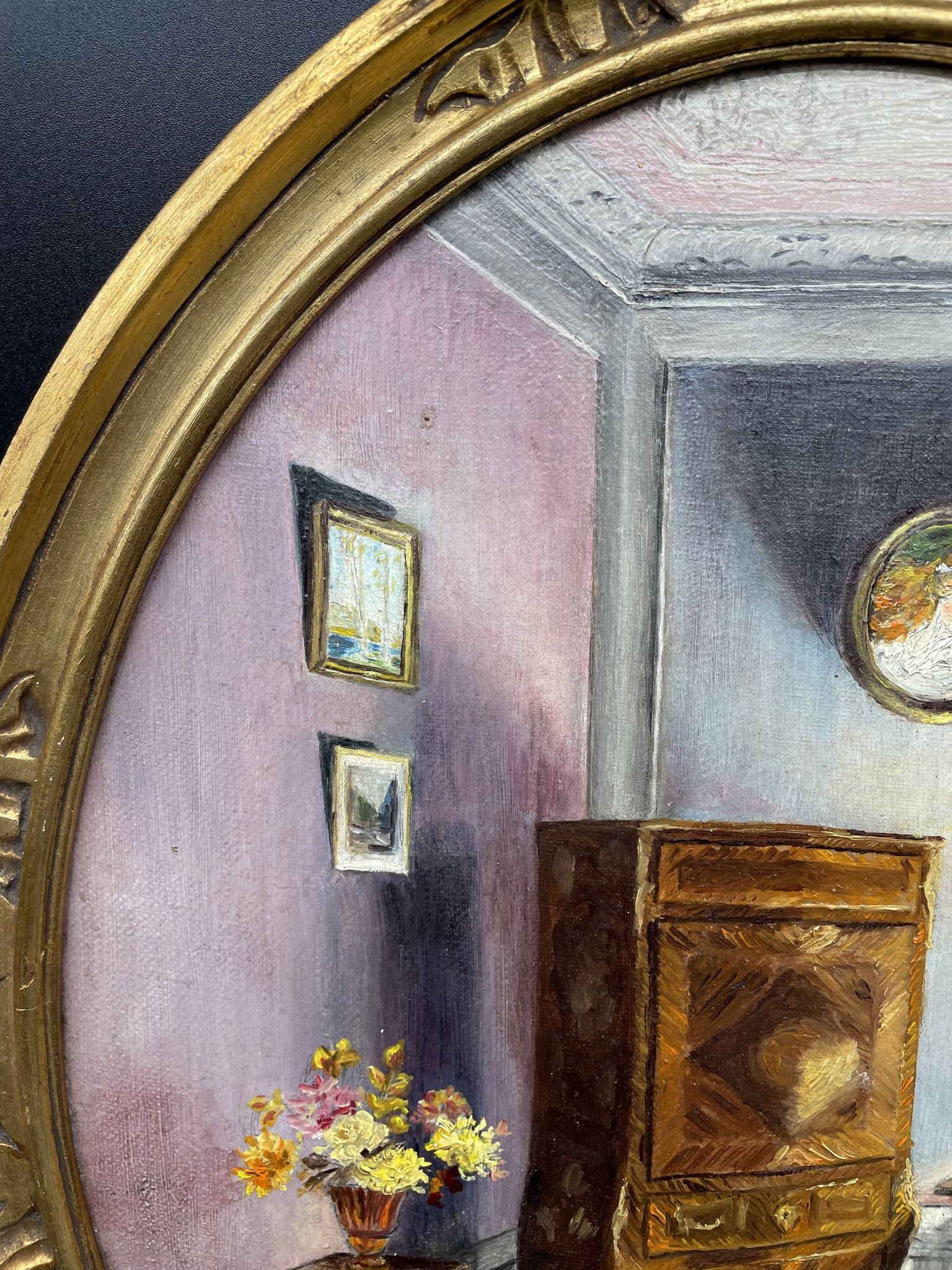 Ancient, Oil painting, interior scene, signed, wood frame, gilded, painting, French painter