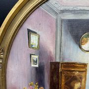 Ancient, Oil painting, interior scene, signed, wood frame, gilded, painting, French painter