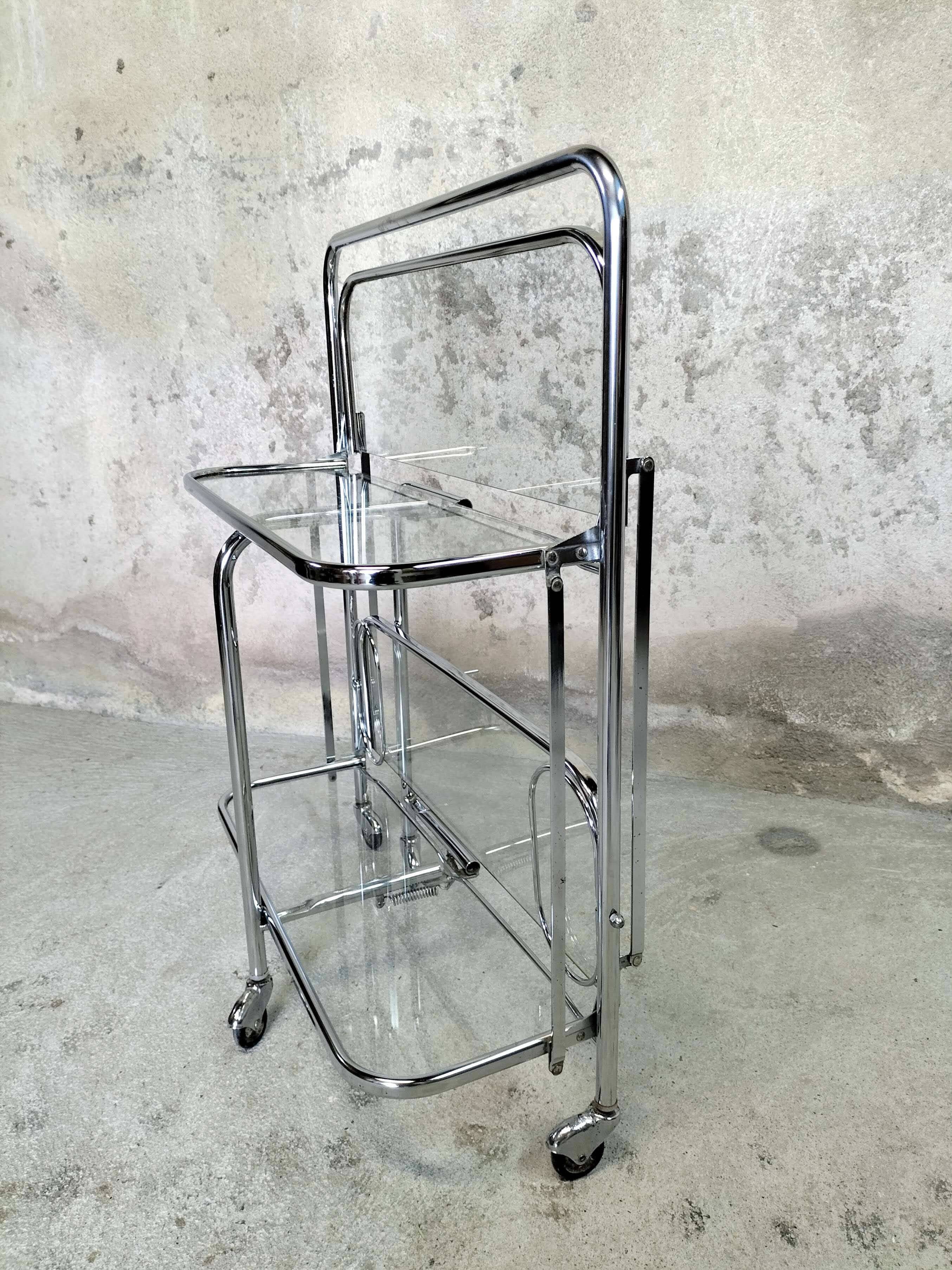 Desserte pliante chrome et verre années 70