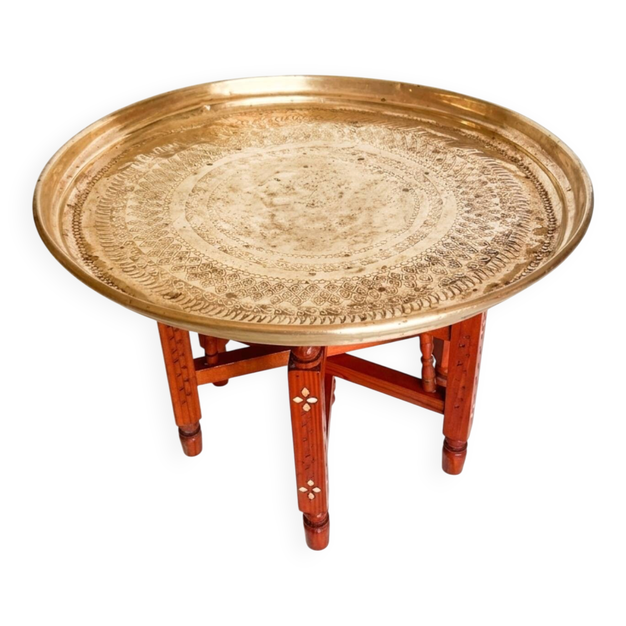 Moroccan tea table in brass and wood from 1960-1970.