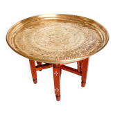 Table basse à thé marocaine en laiton et bois 1960-1970