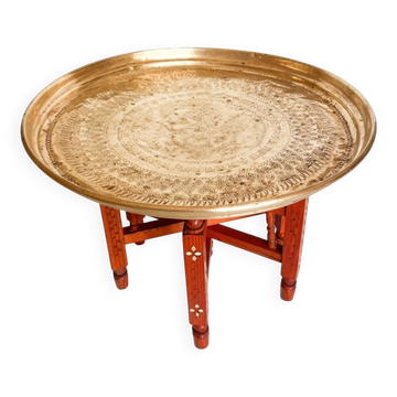 Table basse à thé marocaine en laiton et bois 1960-1970