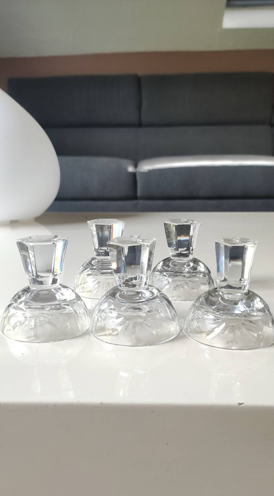 Lot of 5 Small Digestif/Liqueur Glasses. Cut Bohemian crystal. Floral.