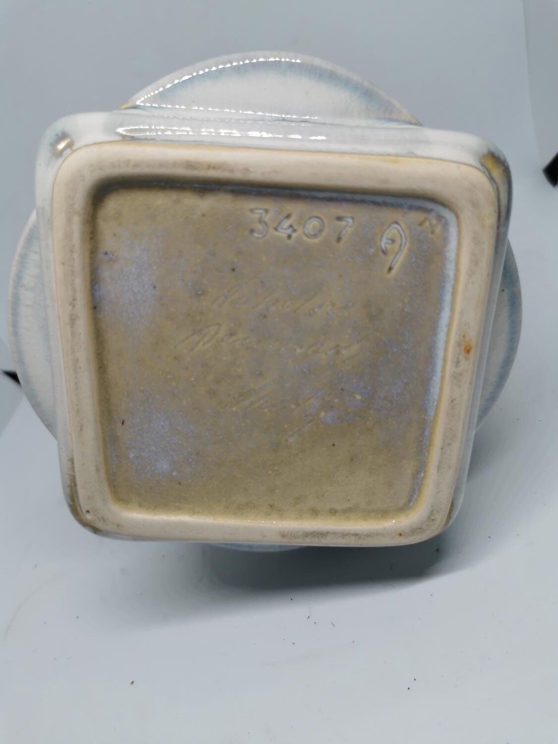 Vintage vase in sandstone , white and blue enamel by Einar Johansen Soholm 1960 Denmark