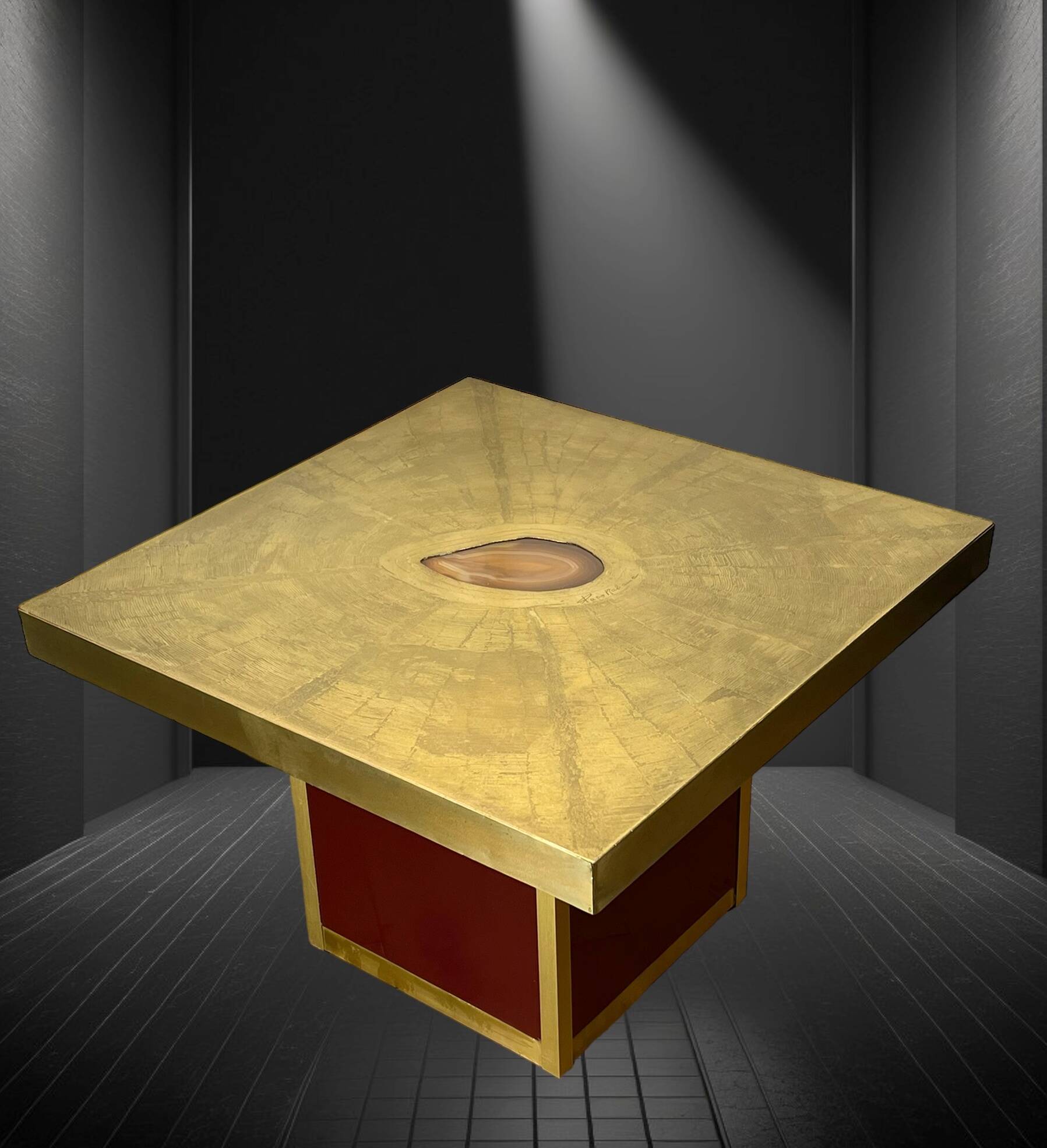 Table basse vintage signé paco rabane des années 70 en laiton gravé et agate