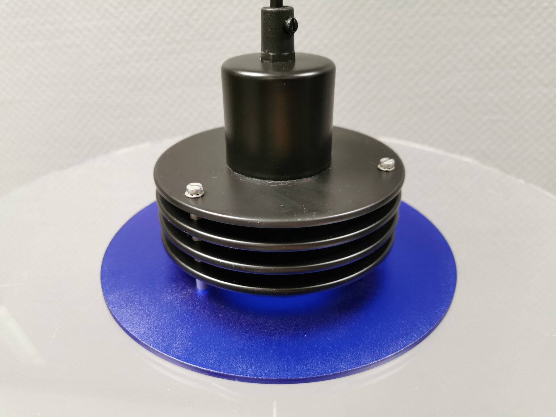 Danish space-age hanging lamp in transparent and blue plexi with black metal 1980s