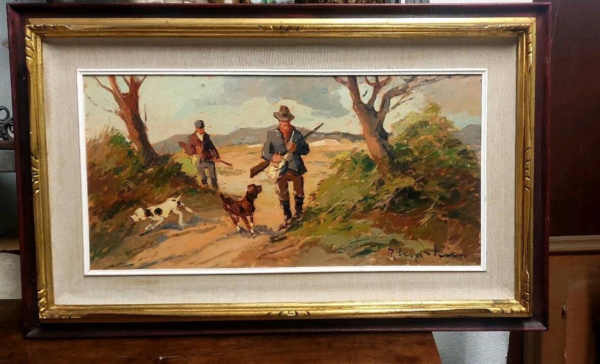 Renzo Martini - Hunters - Oil painting on plywood 60x30 cm