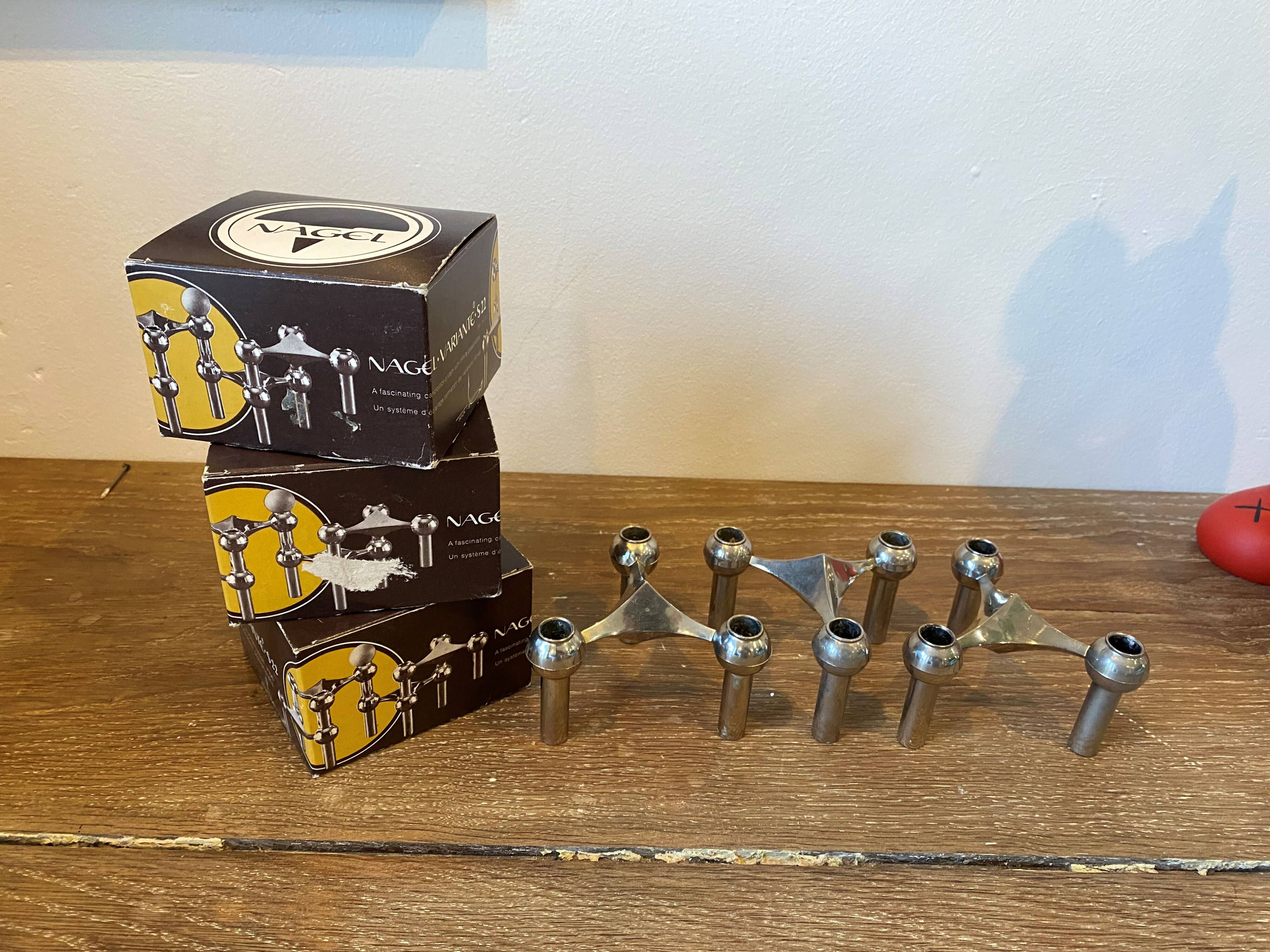 Series of 3 nagel s22 modular candlesticks with their original vintage box 1970
