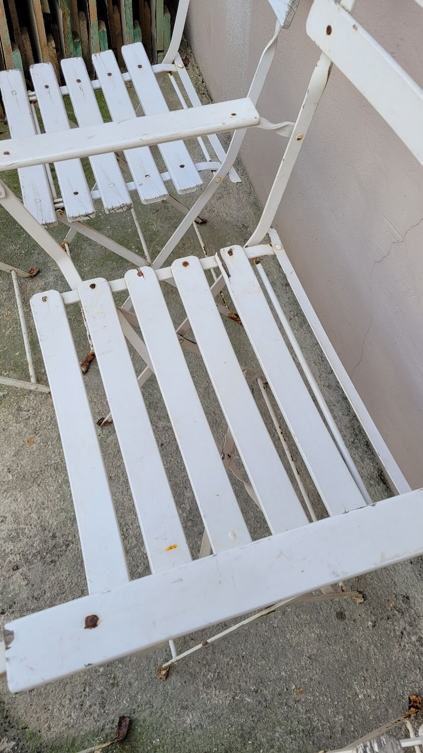Series of 6 chairs and 1 folding armchair of iron garden bistro