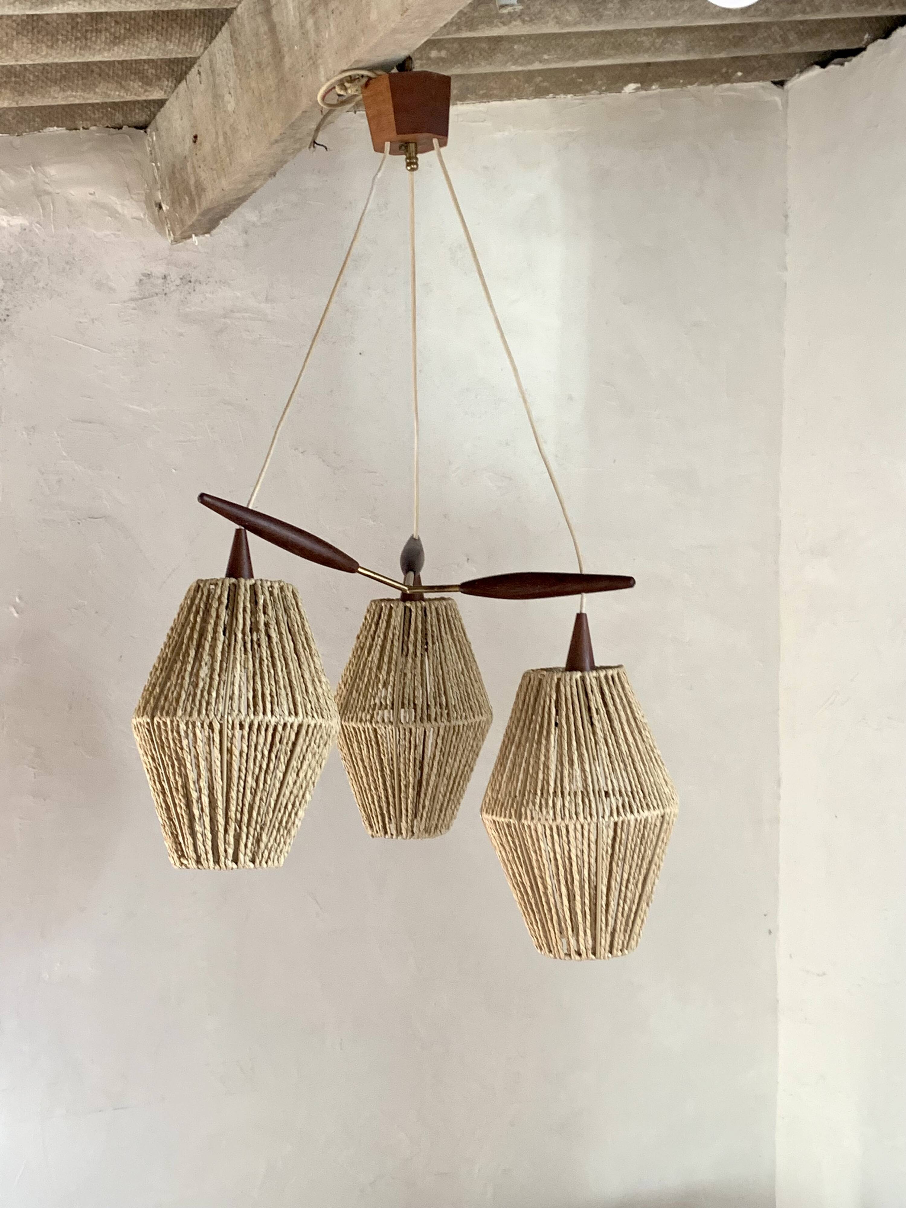 Scandinavian teak and rattan waterfall pendant light