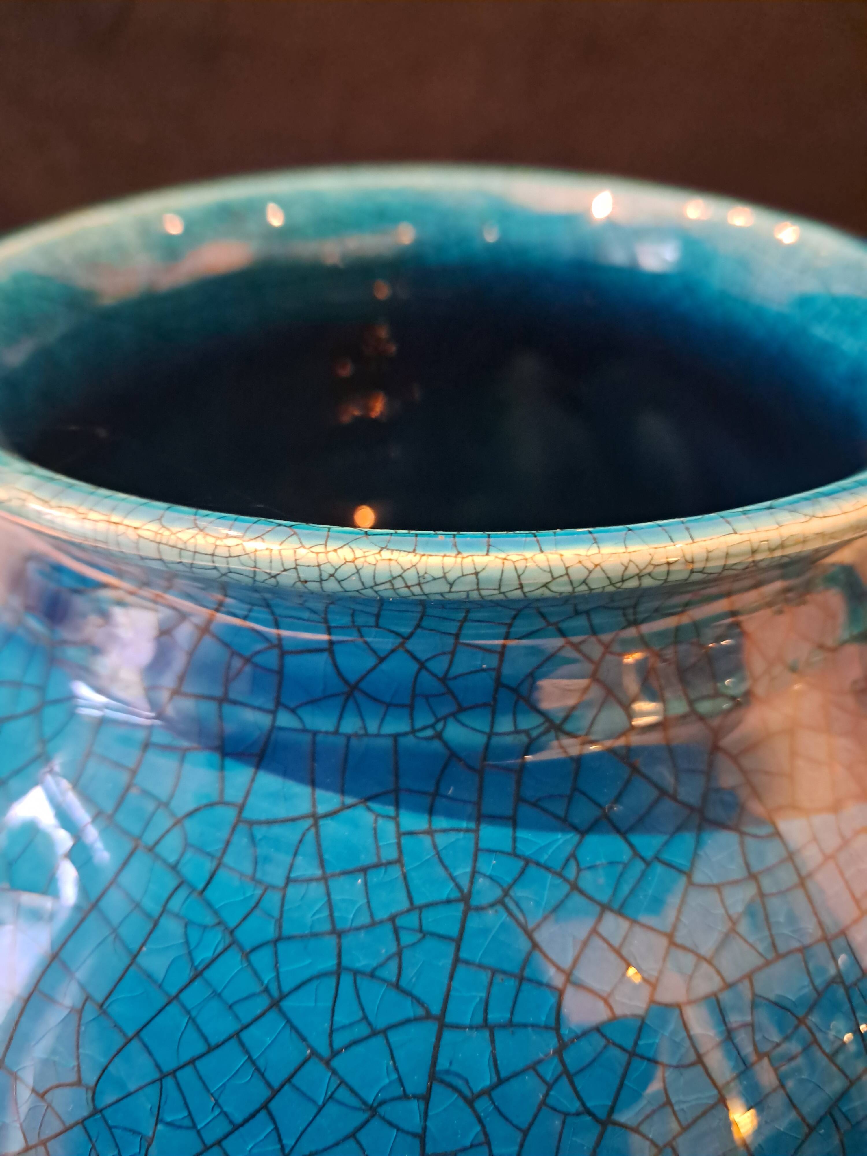 Large Turquoise Crackle Earthenware Footed Bowl Vase