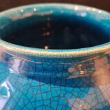 Large Turquoise Crackle Earthenware Footed Bowl Vase