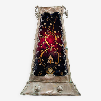 Lampe style mauresque en cuivre patiné et verre peint, France, Mid-Century