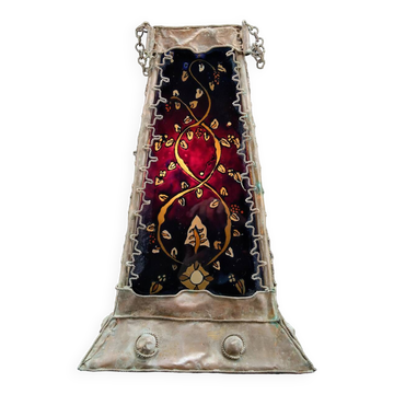 Moorish style lamp in patinated copper and painted glass, France, Mid-Century