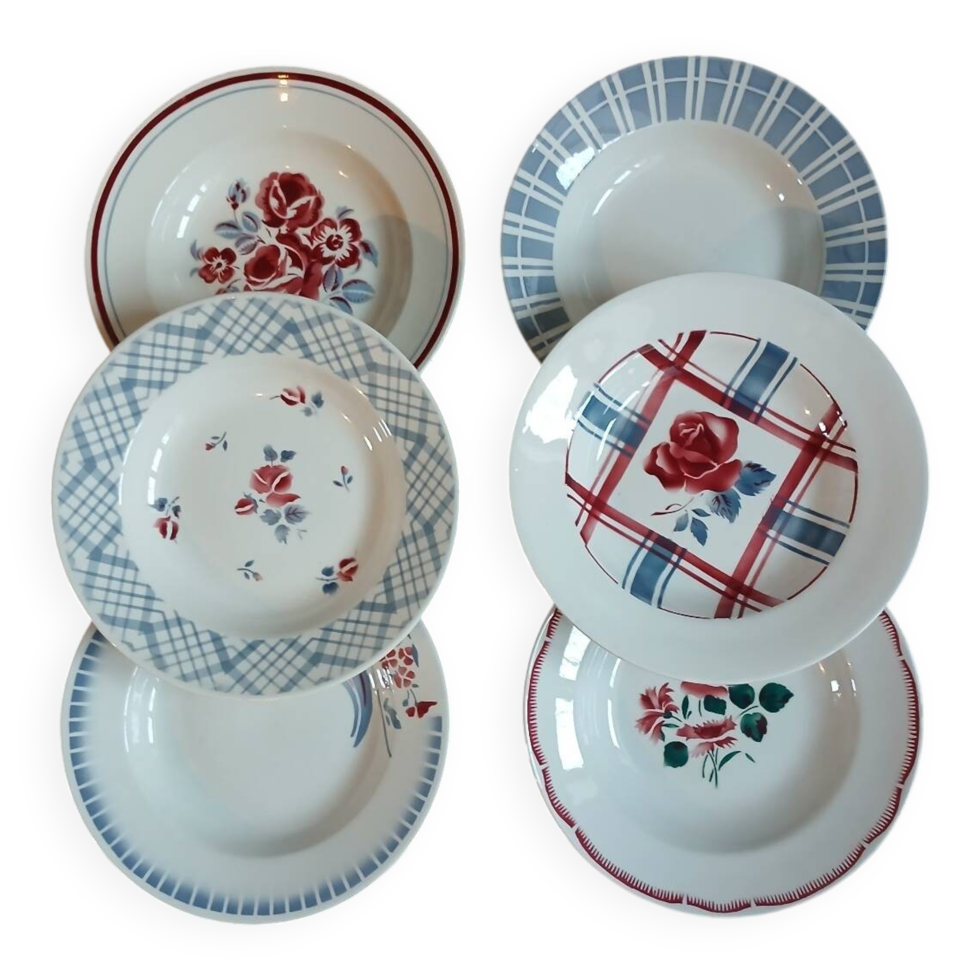 6 mismatched antique deep plates