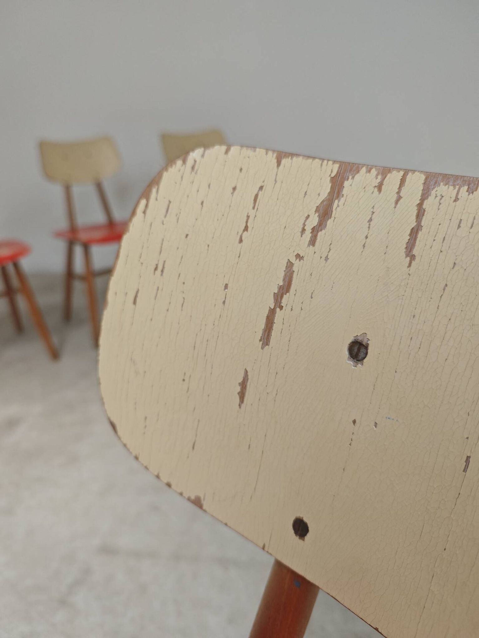 Set of 4 Ton (Thonet) red wooden chairs from the 1960s.