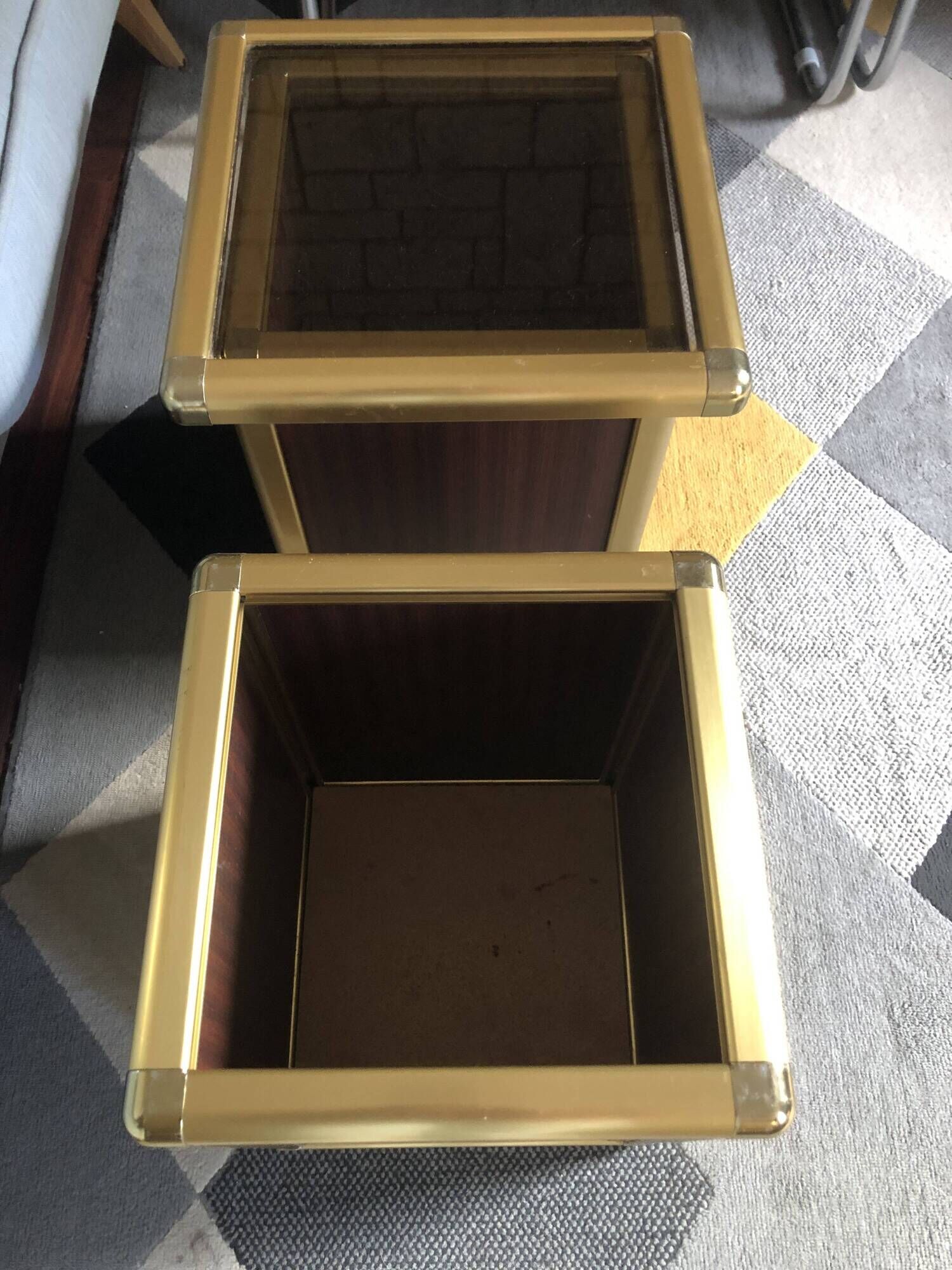 Set of 2 Italian design Hollywood Regency brass and mini bar coffee tables.
