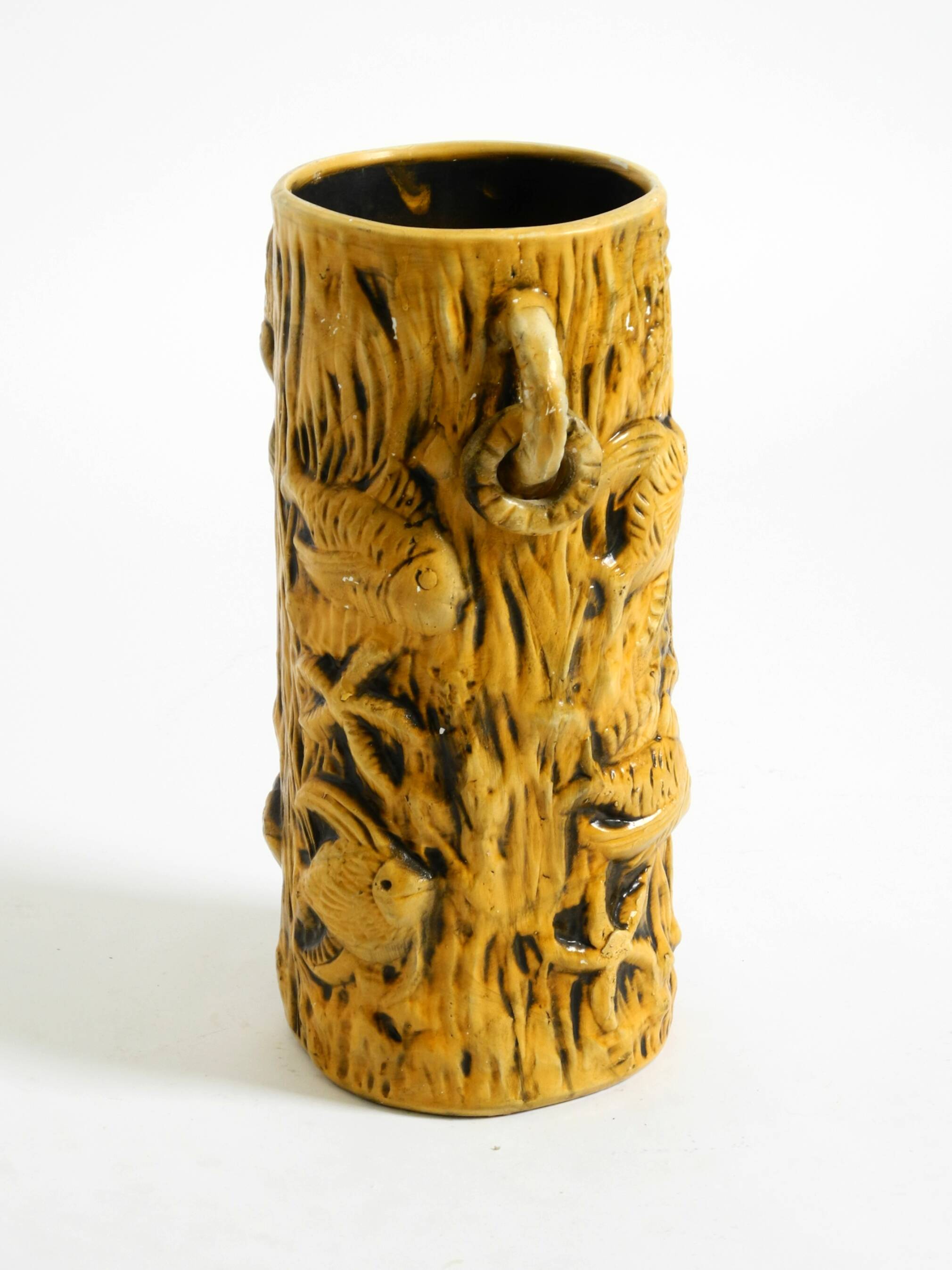 Large handmade glazed ceramic floor vase, handled vase with maritime motifs