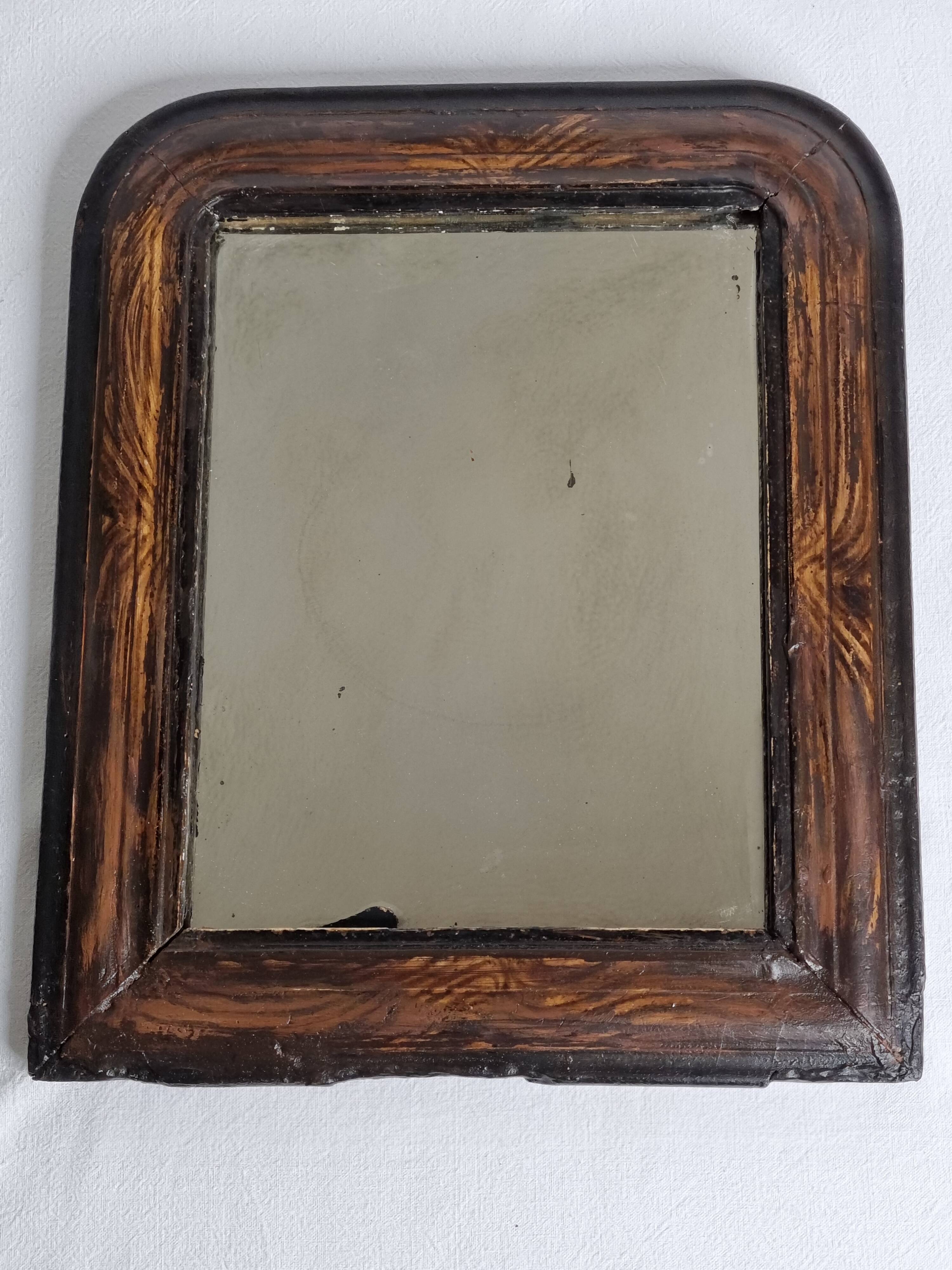 Antique Louis-Philippe mirror, painted wood imitation wood, 30 x 37 cm, 19th century