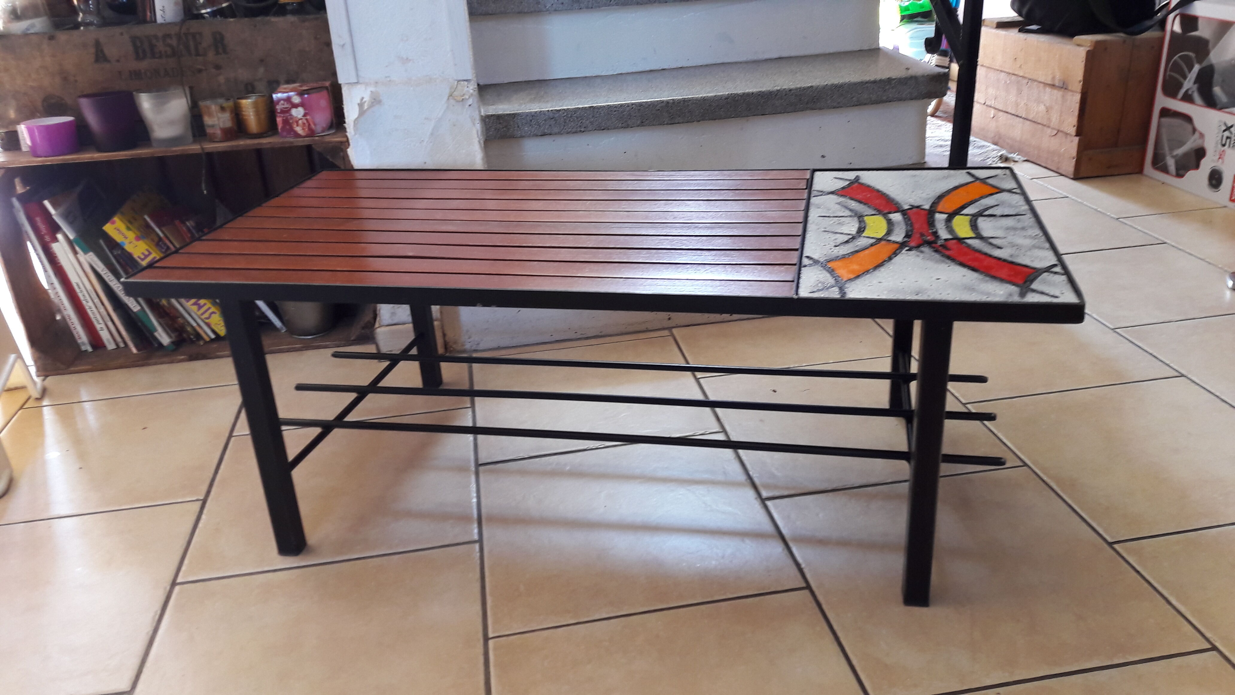 Coffee table tray teak ceramic signed MJR 60s