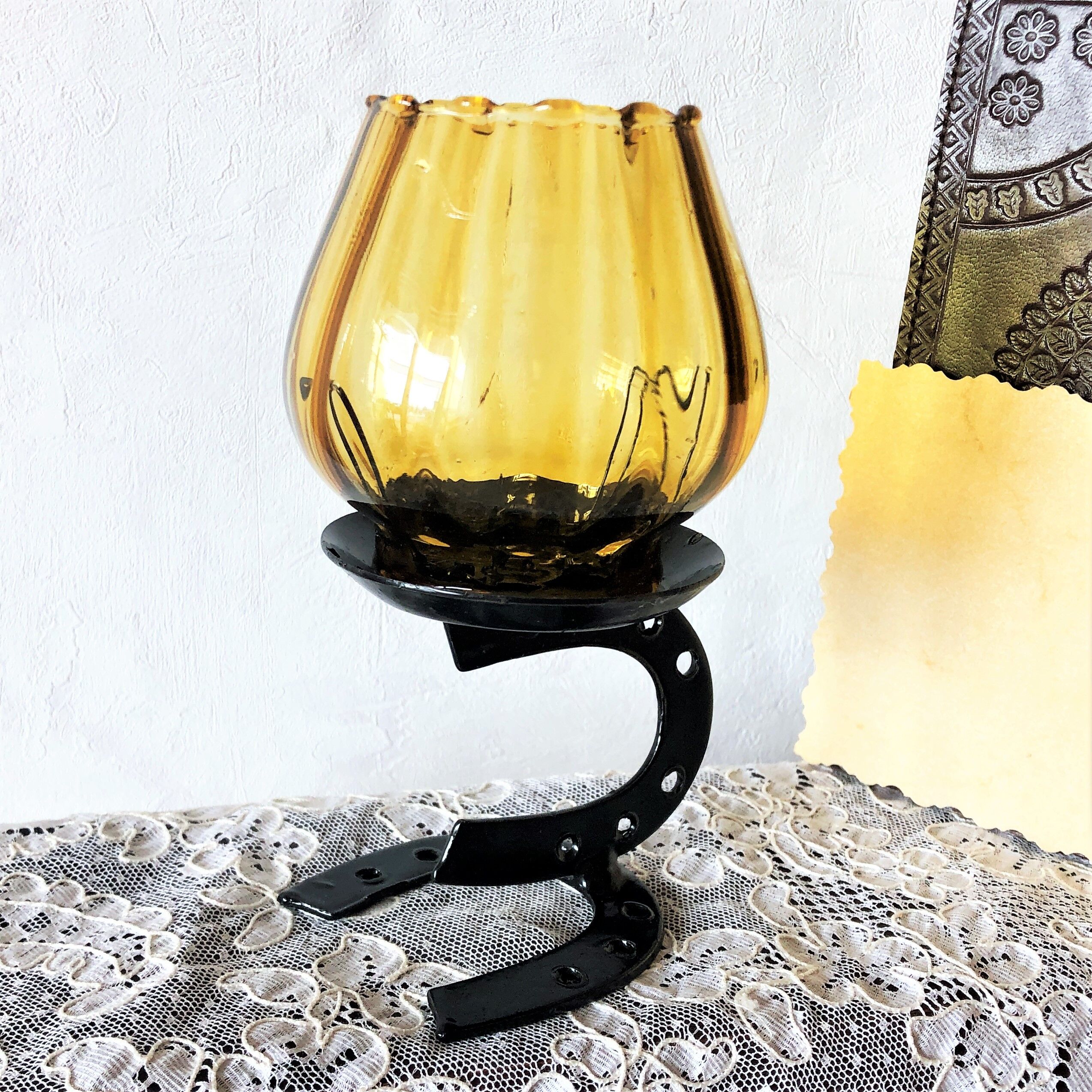 Candle holder photophore iron and amber glass vintage