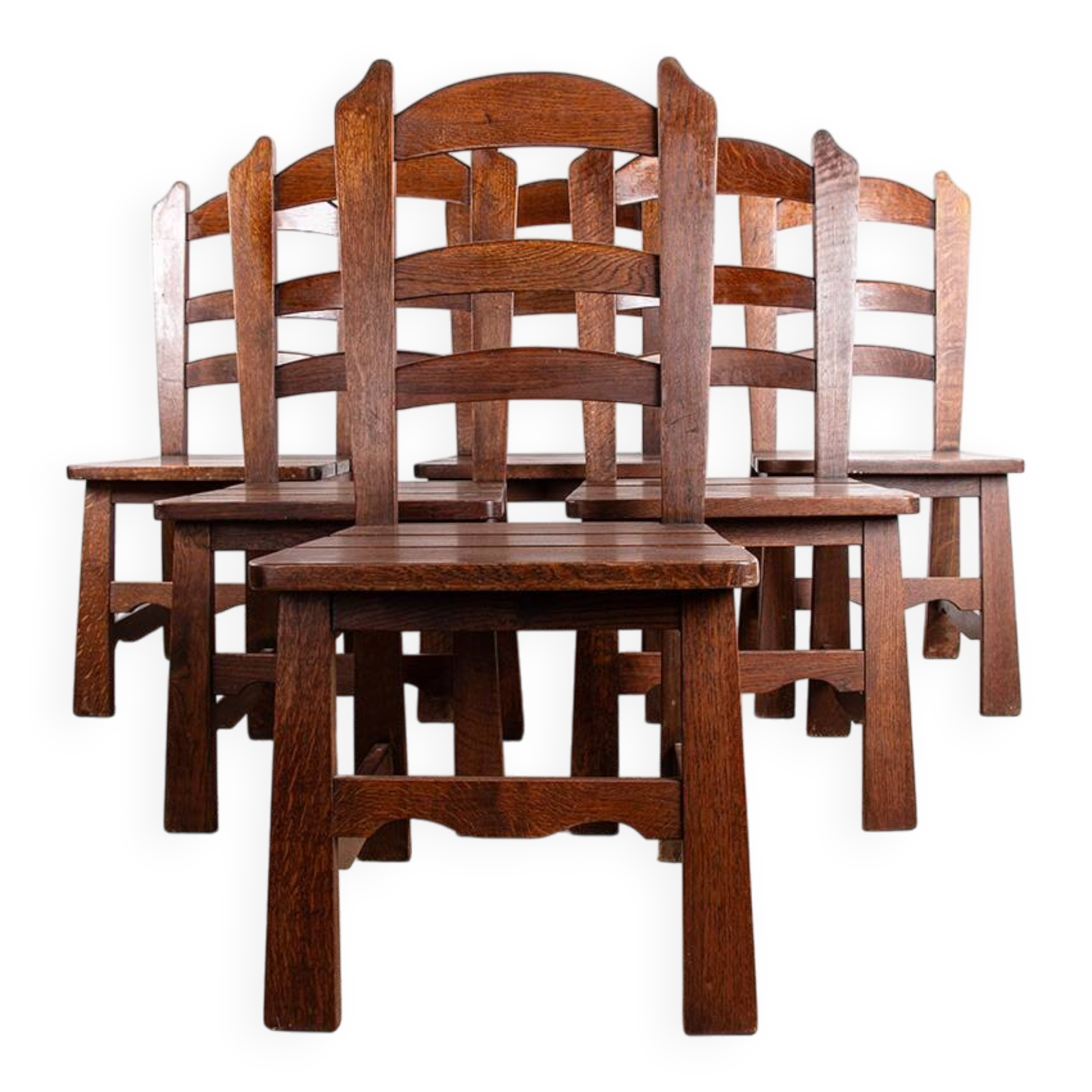 Set of 6 large Brutalist chairs in solid oak from the 1950s.
