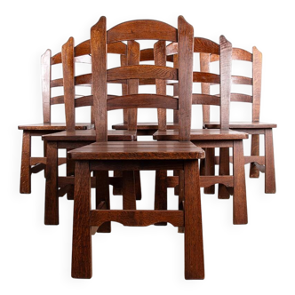 Set of 6 large Brutalist chairs in solid oak from the 1950s.