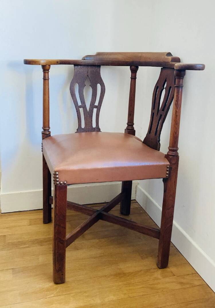 19th century corner armchair in solid pegged oak and imitation leather
