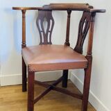 19th century corner armchair in solid pegged oak and imitation leather
