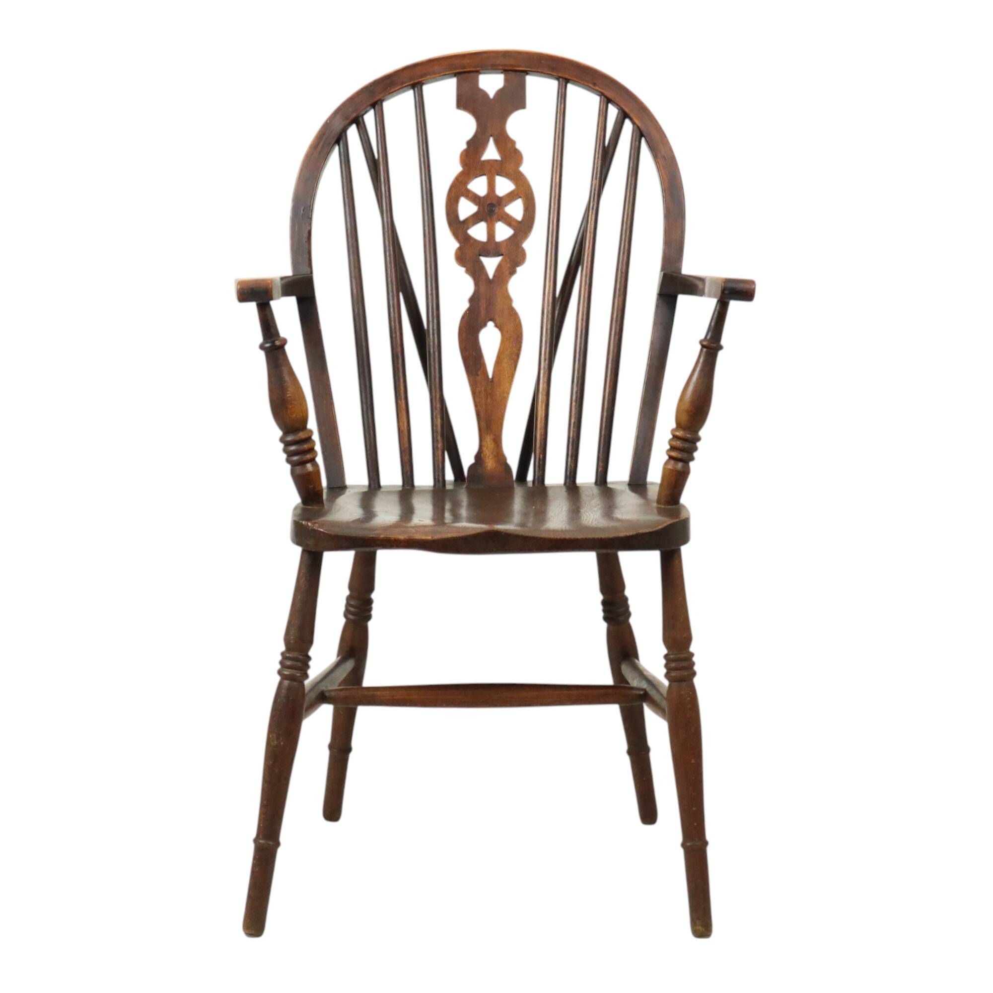 Chaise Windsor ancienne en bois de hêtre et d'orme avec dossier à roulettes, XIXe siècle