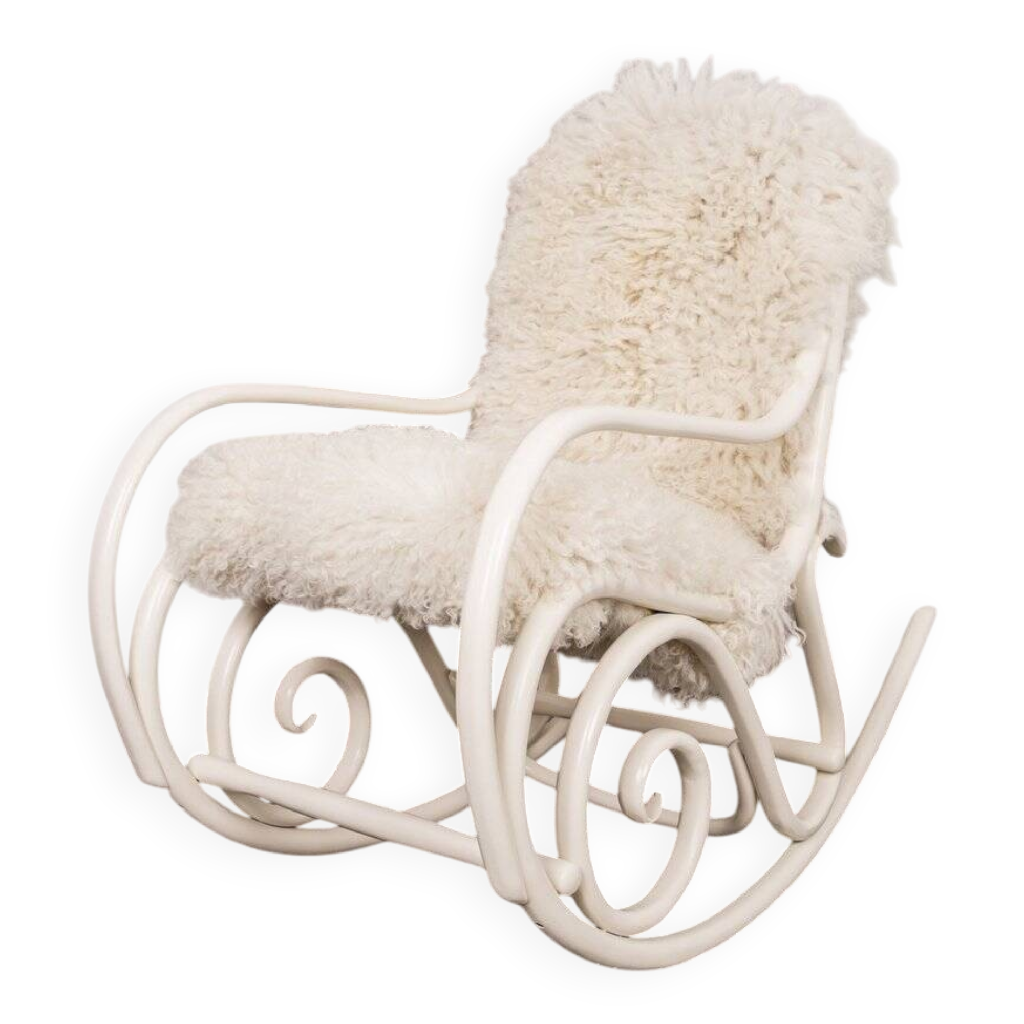 Antique Thonet rocking chair in ivory lacquered bent wood, with a white lamb fur seat.