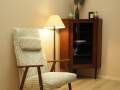 Danish floor lamp with wood and metal base, botanical fabric shade, 1960s