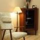 Danish floor lamp with wood and metal base, botanical fabric shade, 1960s