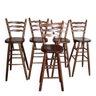 Set of 5 Solid Wood Bar Stools – Bistro / Country Chic Style