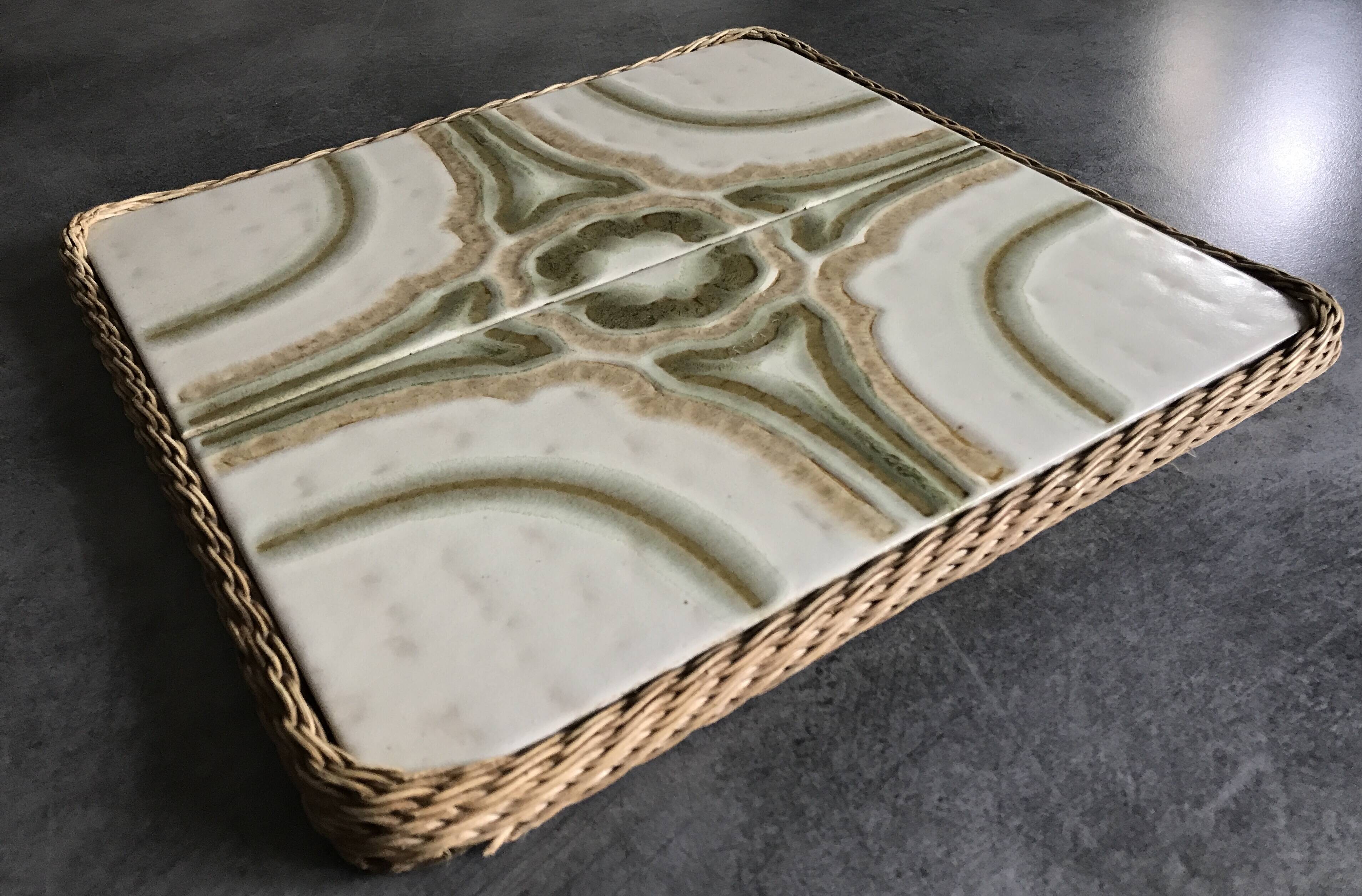 Ceramic tile trivet with vintage pattern woven wicker outline