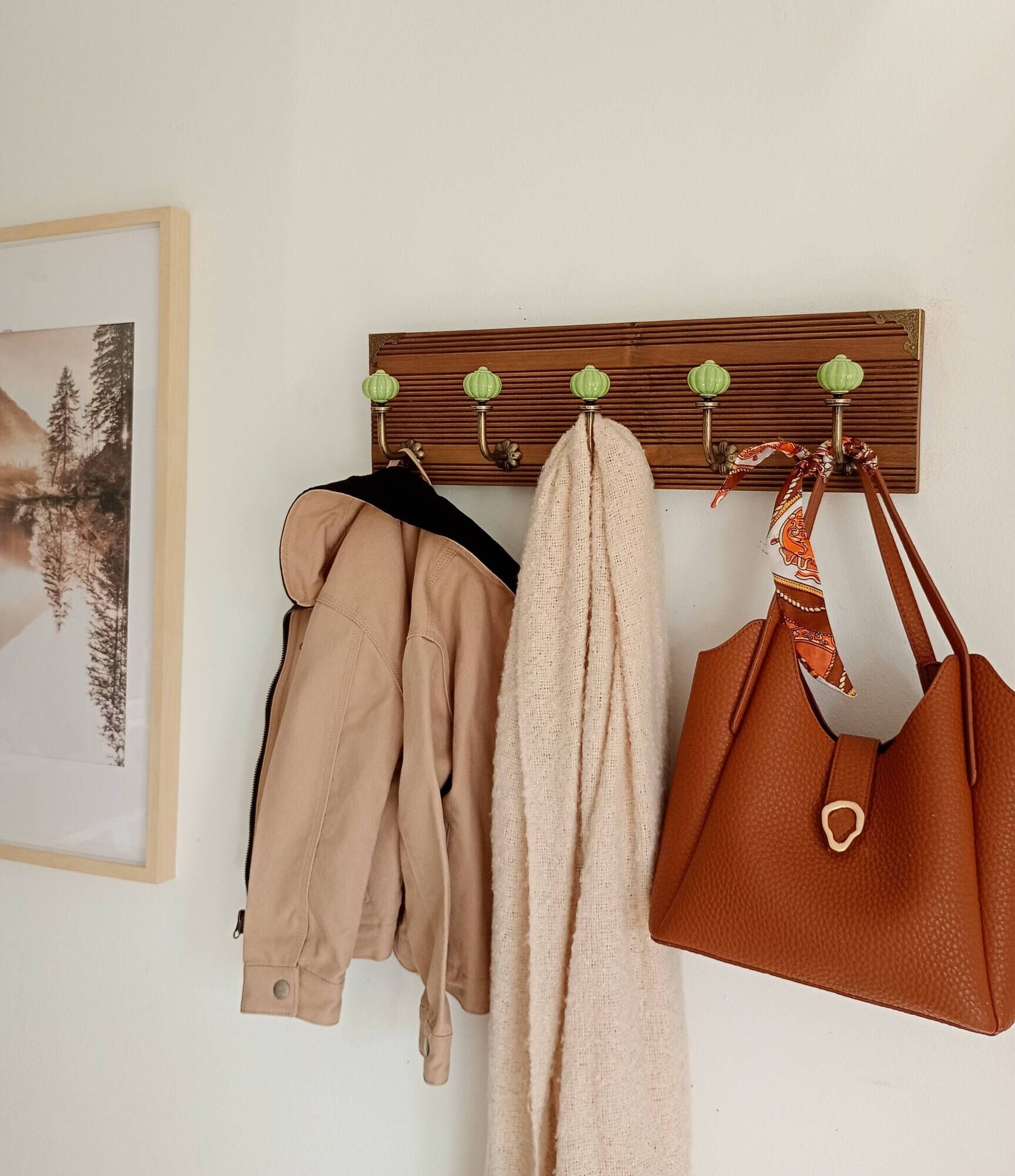 Wall-mounted coat rack with 5 hooks in sage green, stained wood and patinated metal – 50cm