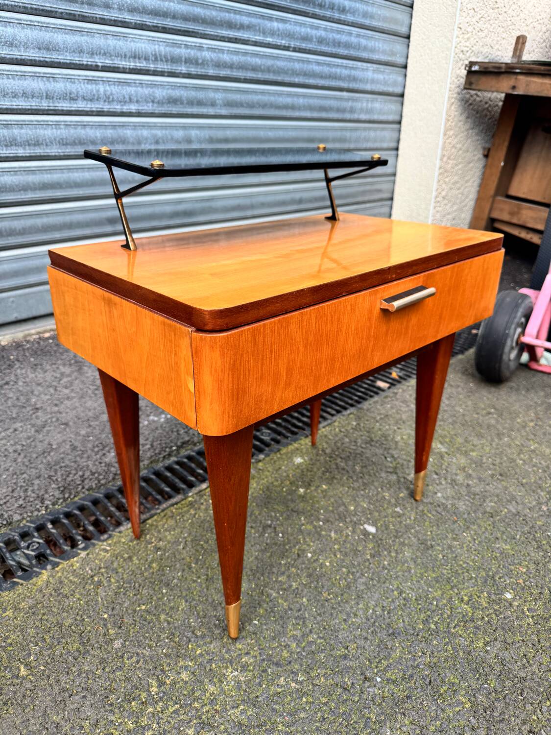 Vintage 1950s varnished glass shelf bedside table.
