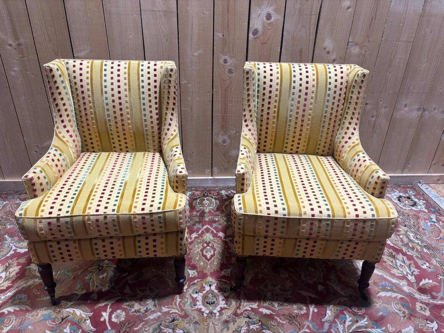Paire de Bergères à Oreilles Napoléon III, Velours Rayé Multicolore