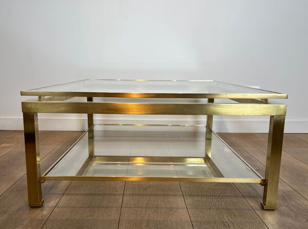 Table basse moderniste en laiton et plateaux de verre de Guy Lefèvre pour la Maison Jansen
