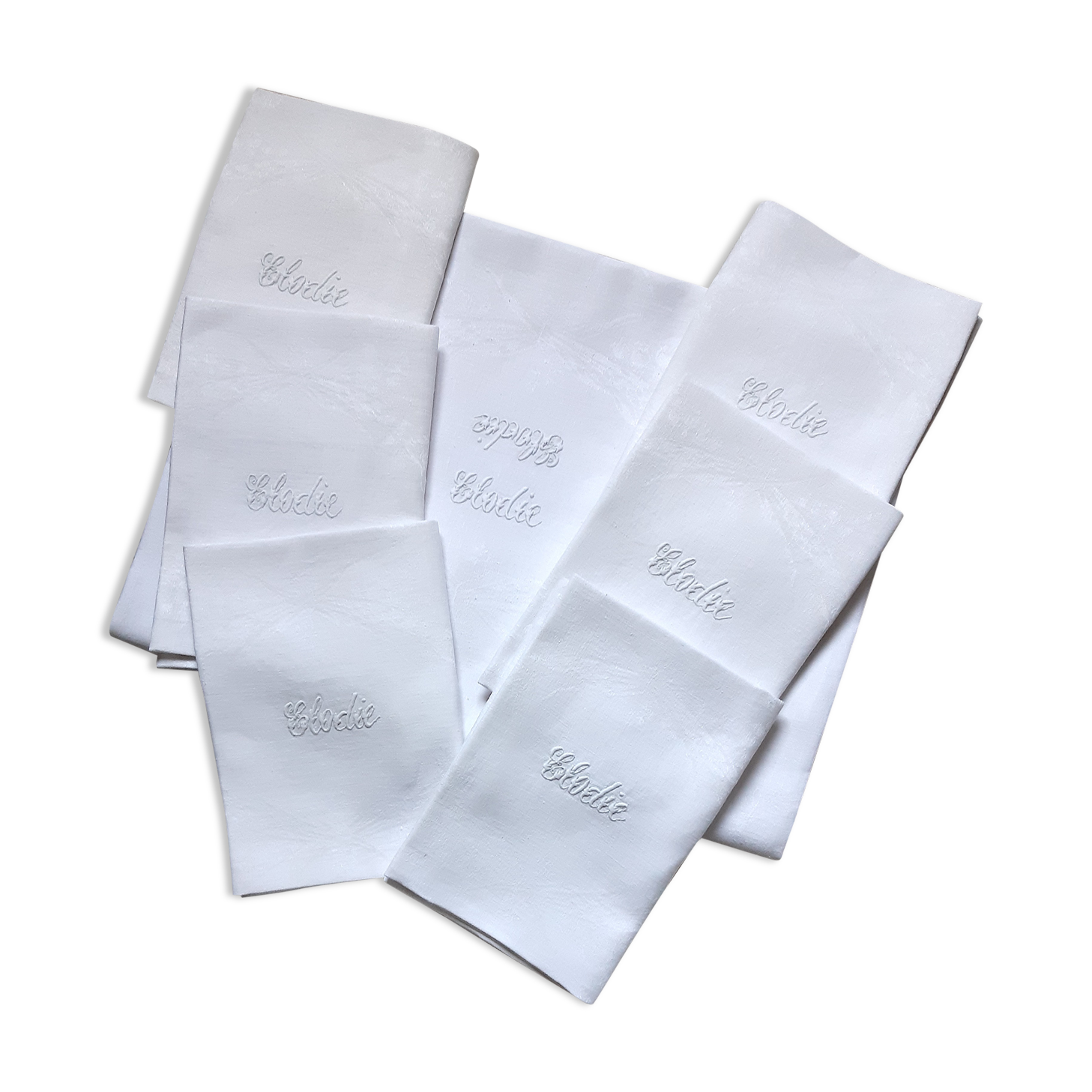 service table damned, tablecloth and 6 embroidered napkins "Elodie", 2m40 x 1m75, late nineteenth, early twentieth