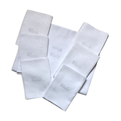 Service table damassé nappe et 6 serviettes brodées ''elodie'', 2m40 x 1m75, fin xixème, début xxème