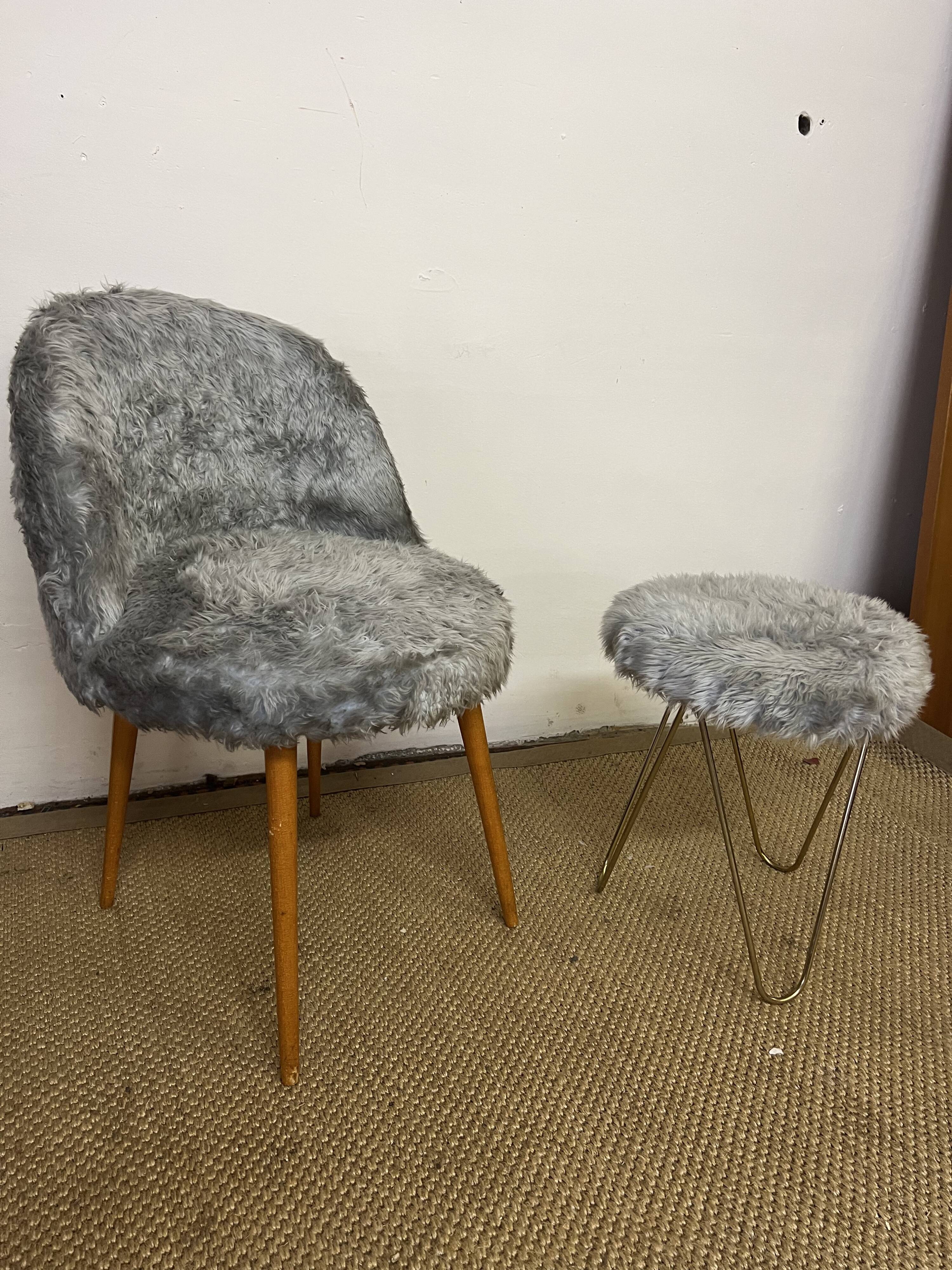 Vintage moumoute armchair and stool
