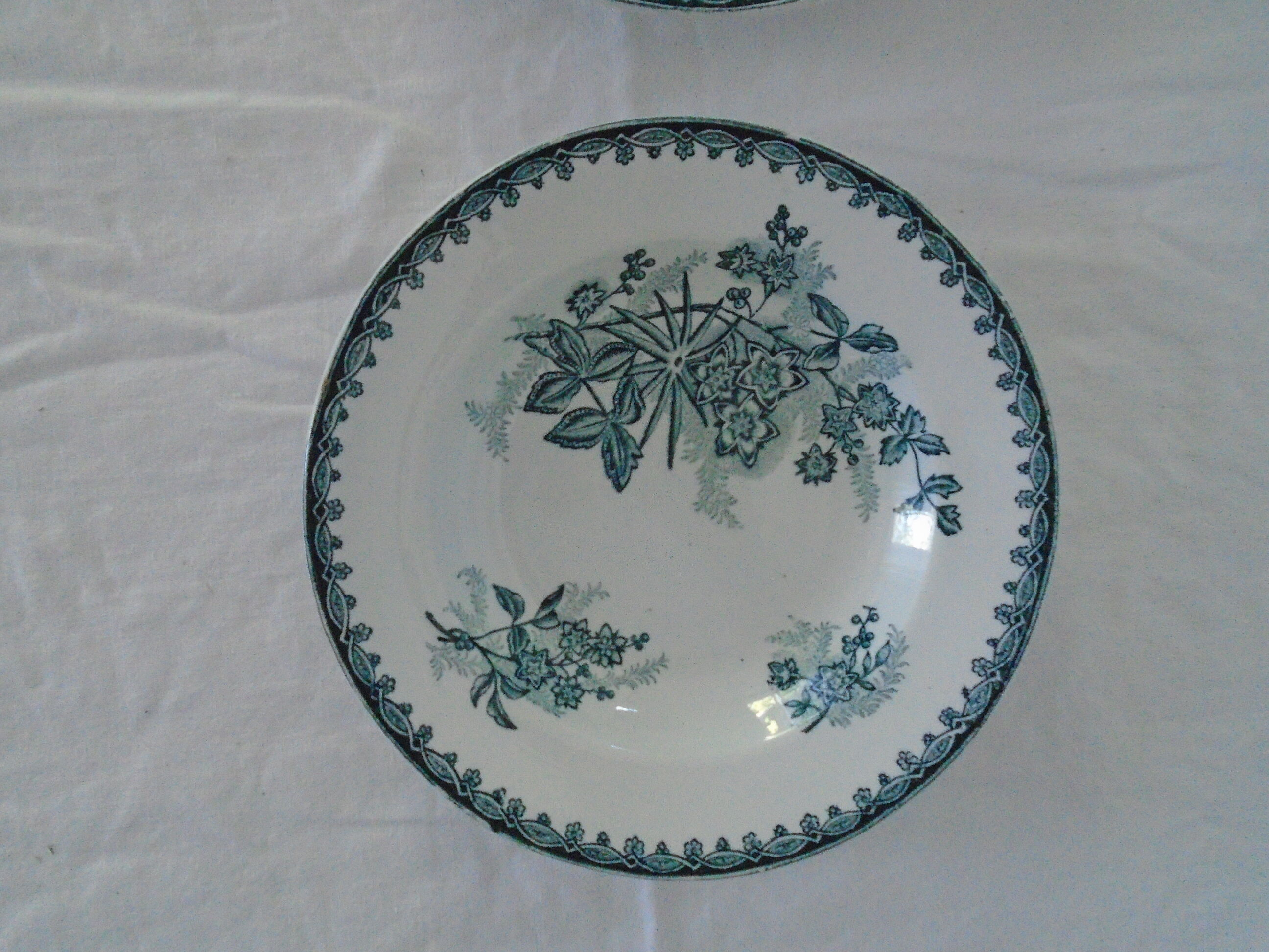 2 Assiettes  terre de fer Sté amandinoise décor vert Margot fleurs  faience ancienne