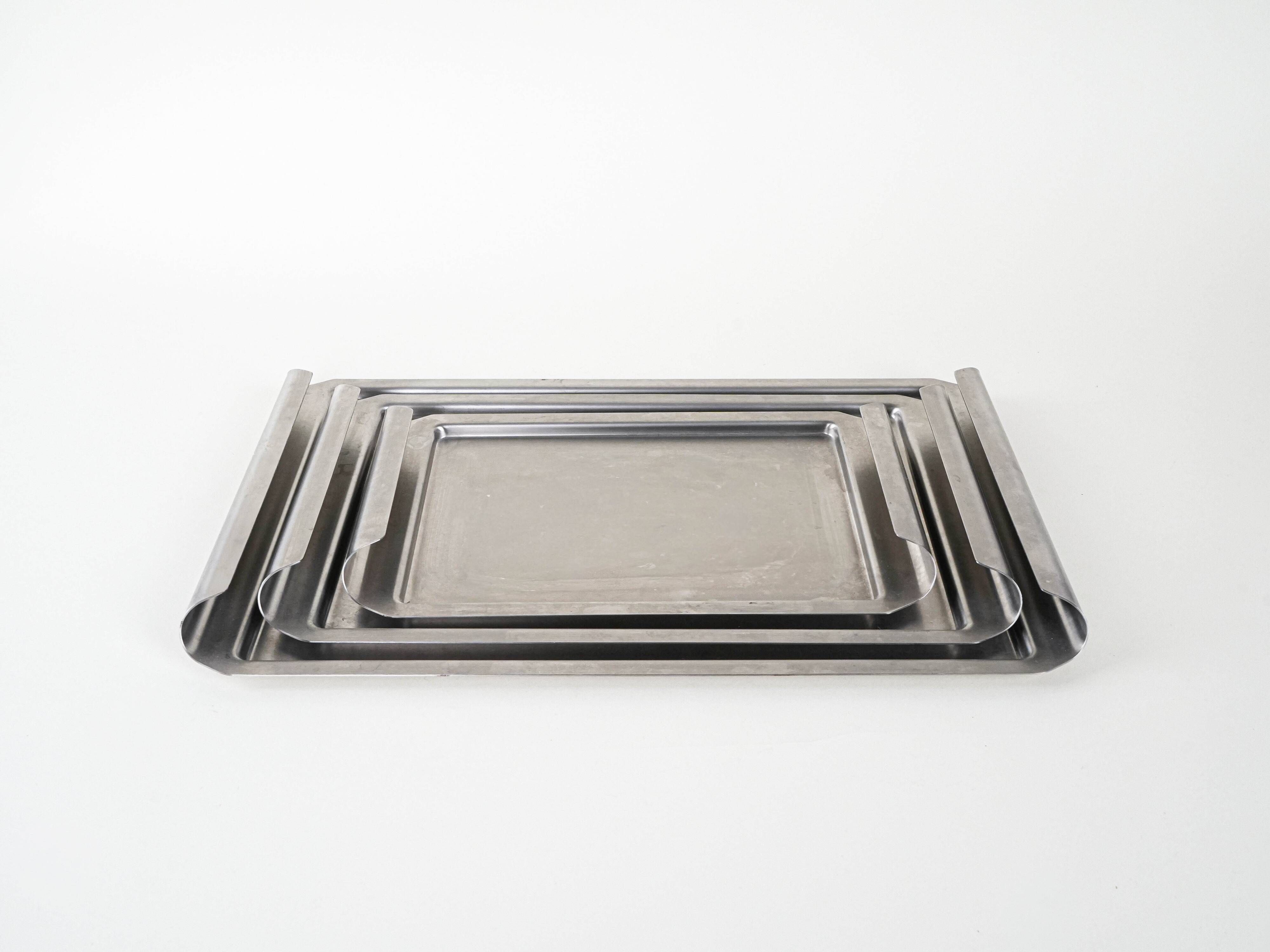 Set of stainless steel trays, Italian design, 1970s, made in Italy