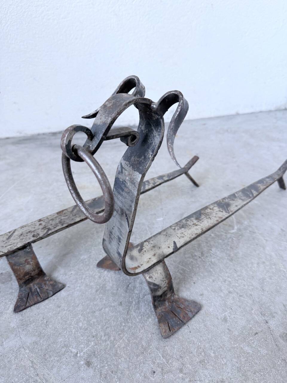 Pair of zoomorphic metal andirons "dogs" 1950