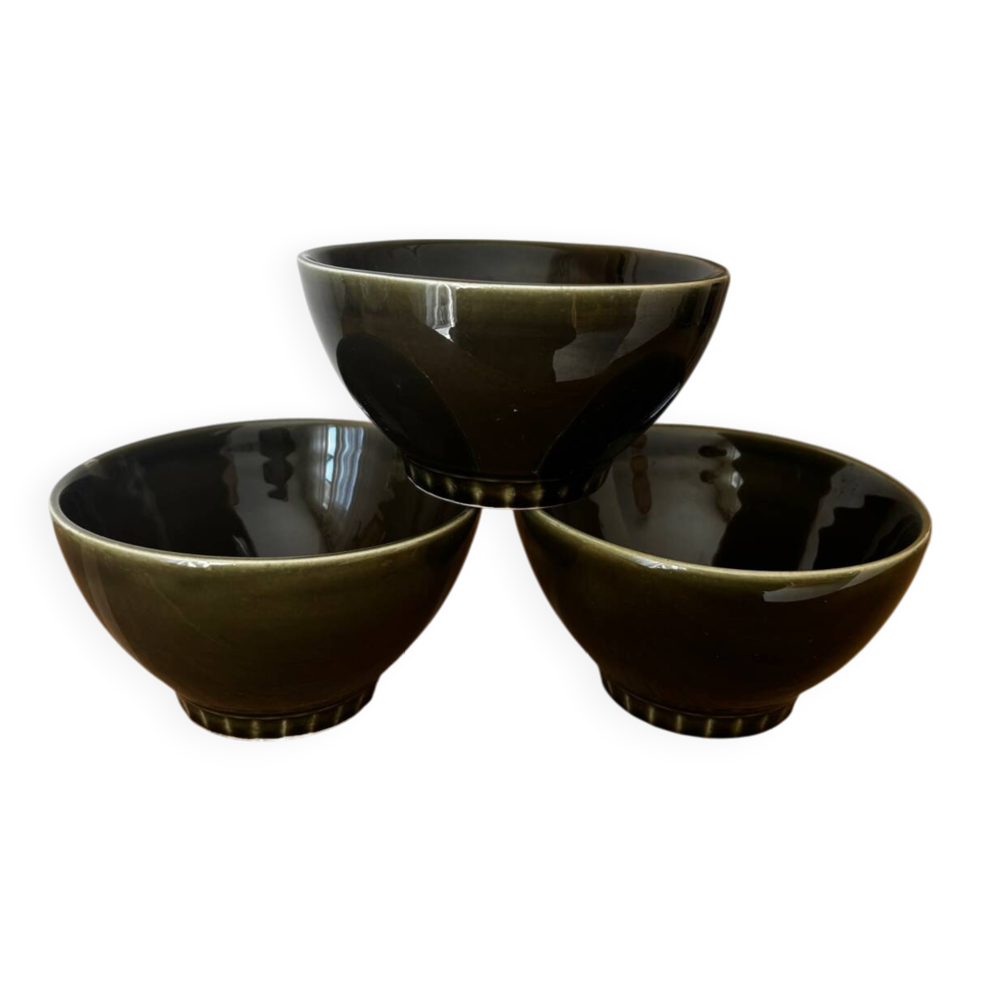 Vintage set of 3 numbered olive green bowls