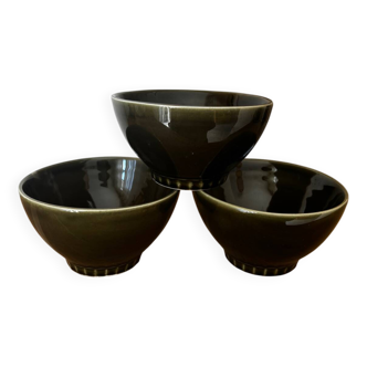 Vintage set of 3 numbered olive green bowls